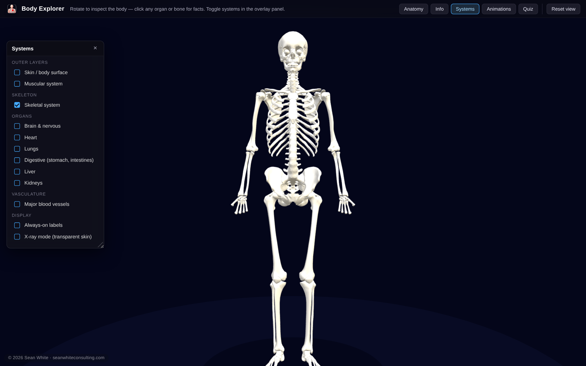 Toggle the body system by system — screenshot