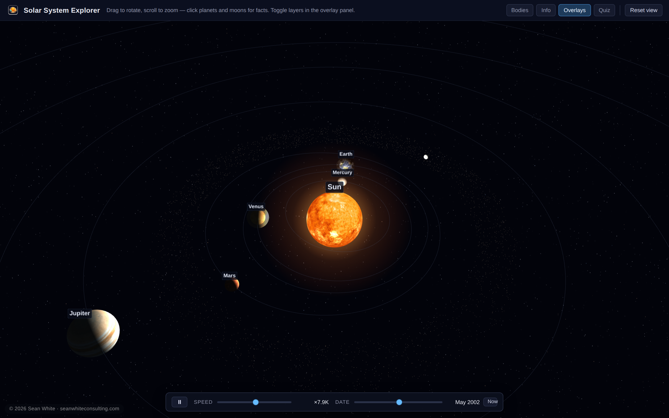 The whole system, to scale and in motion — screenshot